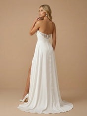 Strapless Ruched Chiffon Floor-Length Wedding Gown with High Slit