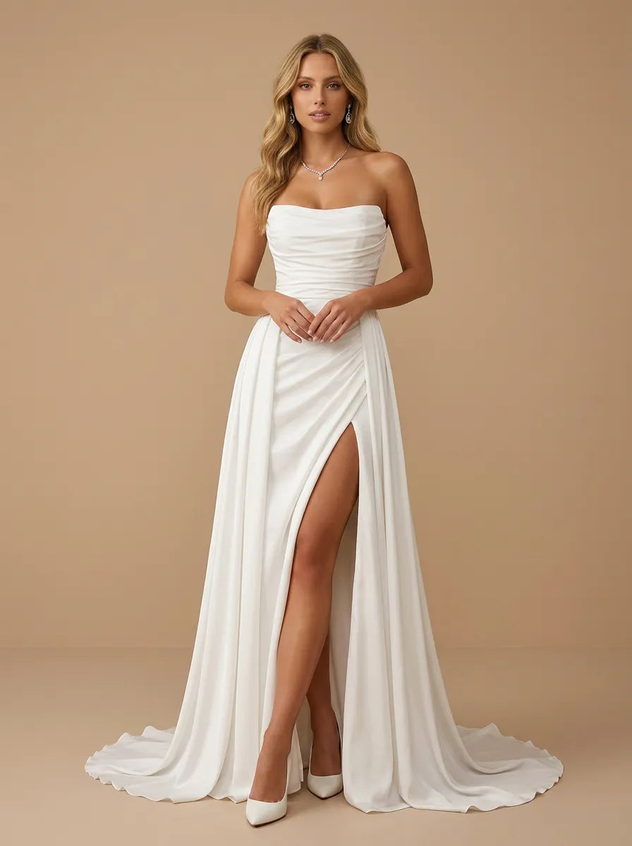 Strapless Ruched Chiffon Floor-Length Wedding Gown with High Slit