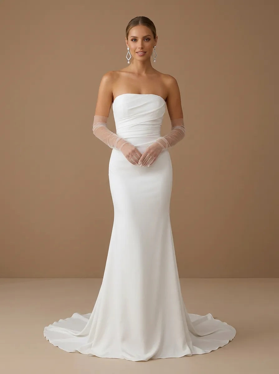 White Strapless Satin Mermaid Wedding Dress with Bow