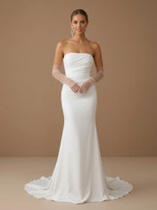 White Strapless Satin Mermaid Wedding Dress with Bow