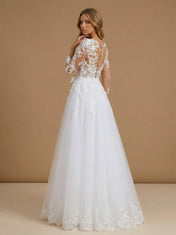 White Long Sleeve Floral Lace V Neck A-Line Tulle Bridal Gown