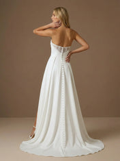 Strapless Ruched A-Line Pleat Satin Wedding Dress with High Slit