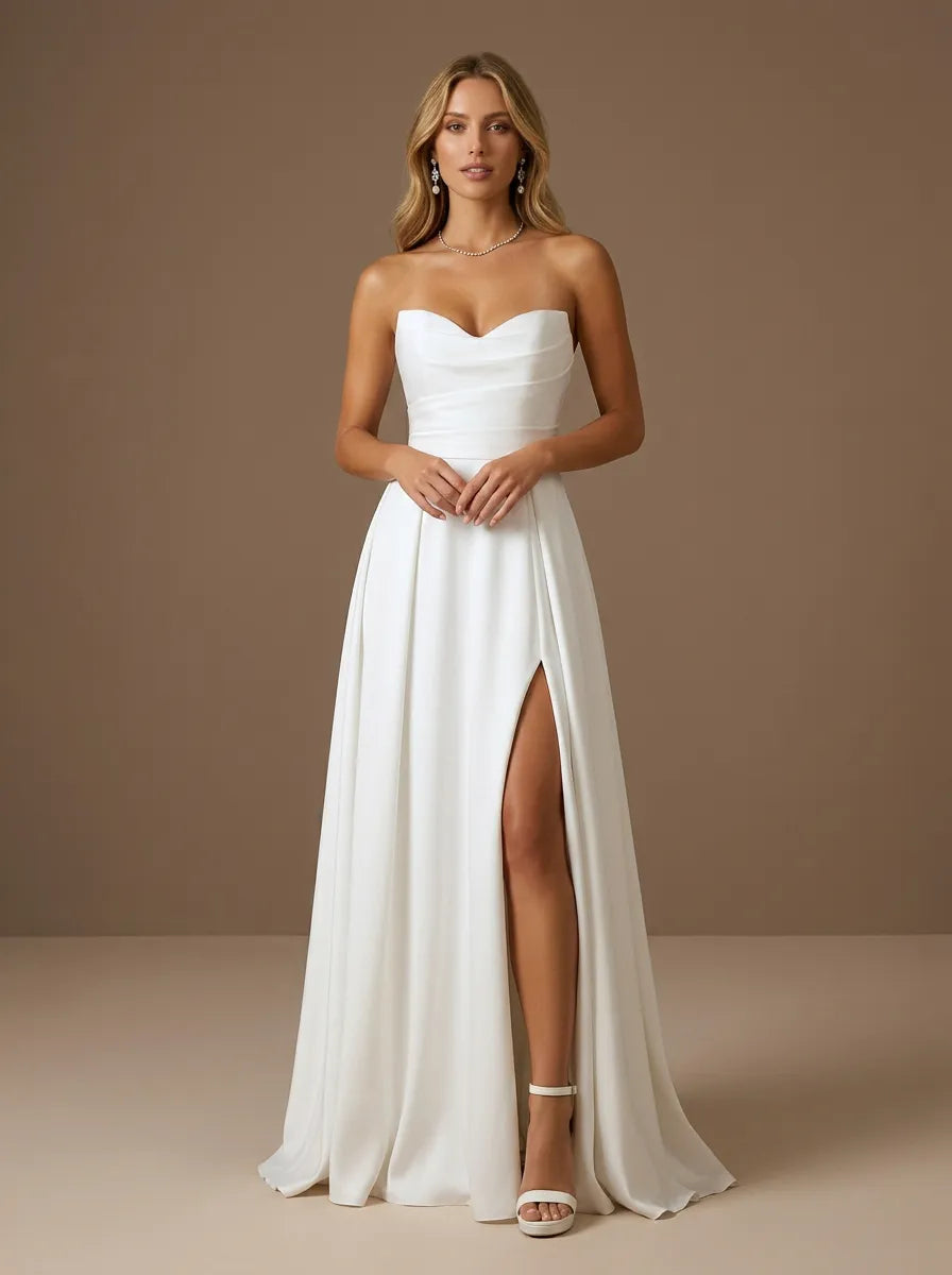 Strapless Ruched A-Line Pleat Satin Wedding Dress with High Slit