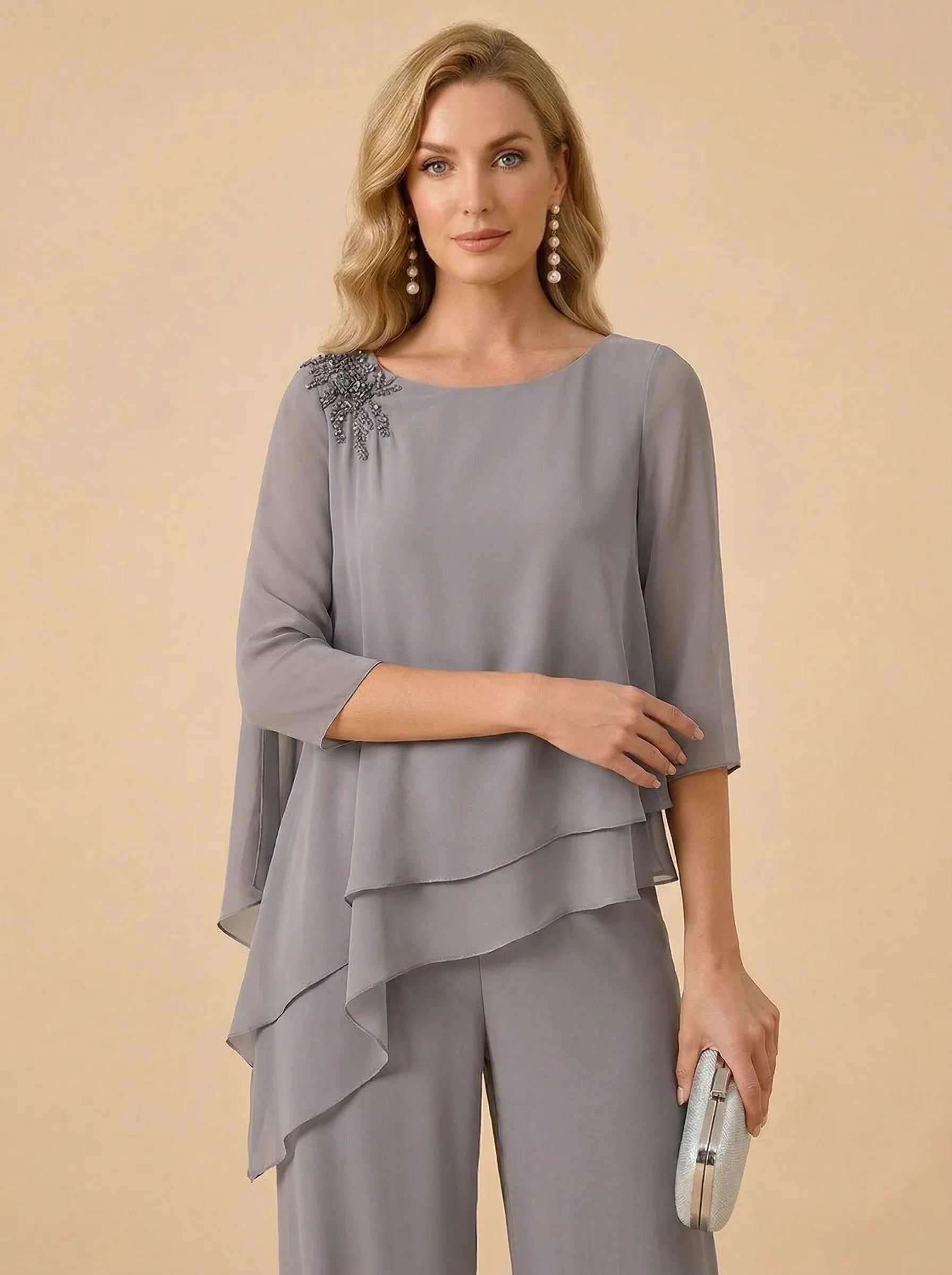 Asymmetric Draped Chiffon Wide-Leg Mother of the Bride Pant Set