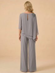 Asymmetric Draped Chiffon Wide-Leg Mother of the Bride Pant Set
