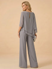 Asymmetric Draped Chiffon Wide-Leg Mother of the Bride Pant Set