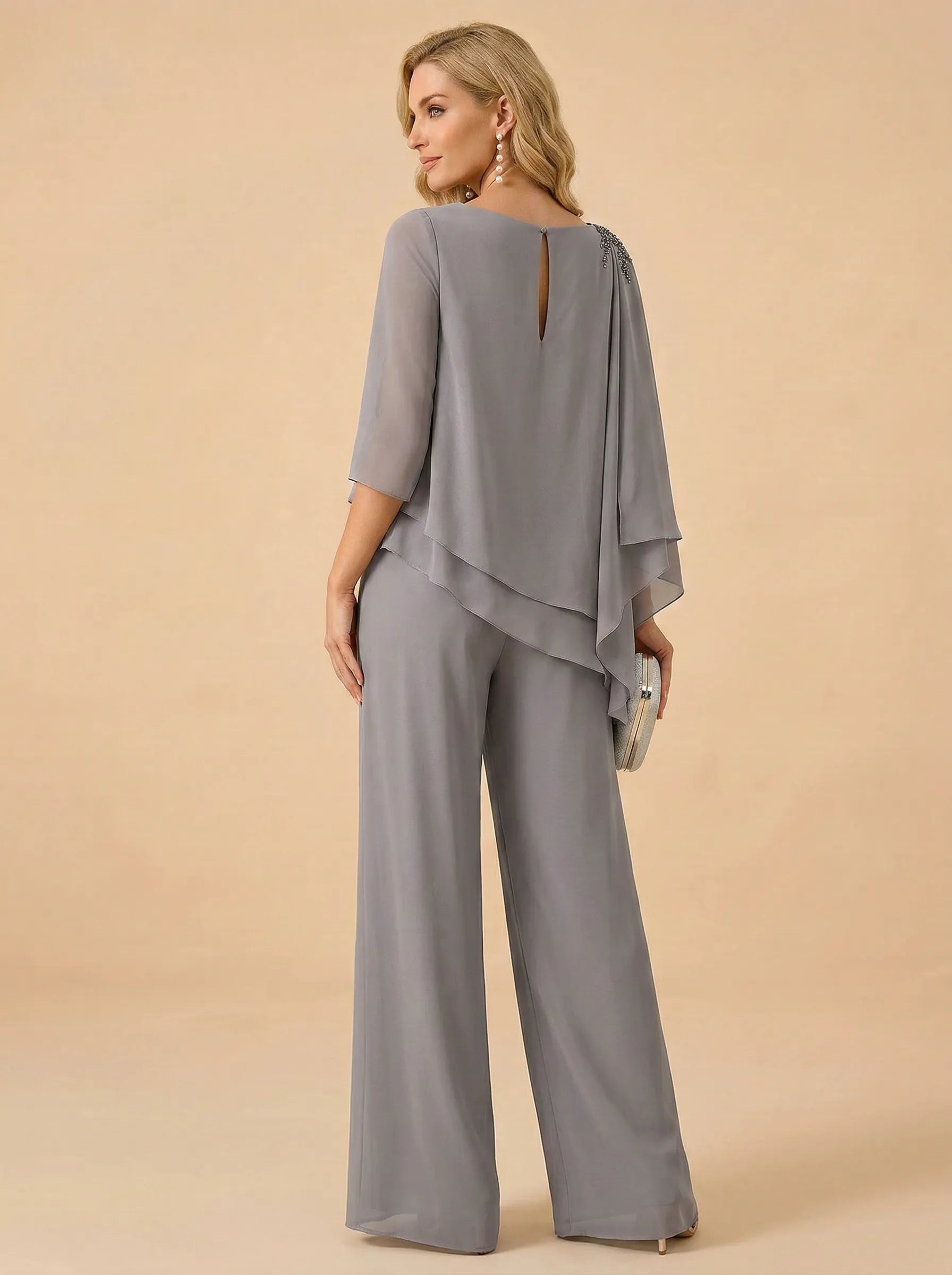 Asymmetric Draped Chiffon Wide-Leg Mother of the Bride Pant Set