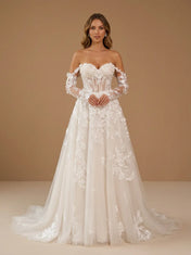 Off the Shoulder Floral Lace Corset Long Sleeves Wedding Dress