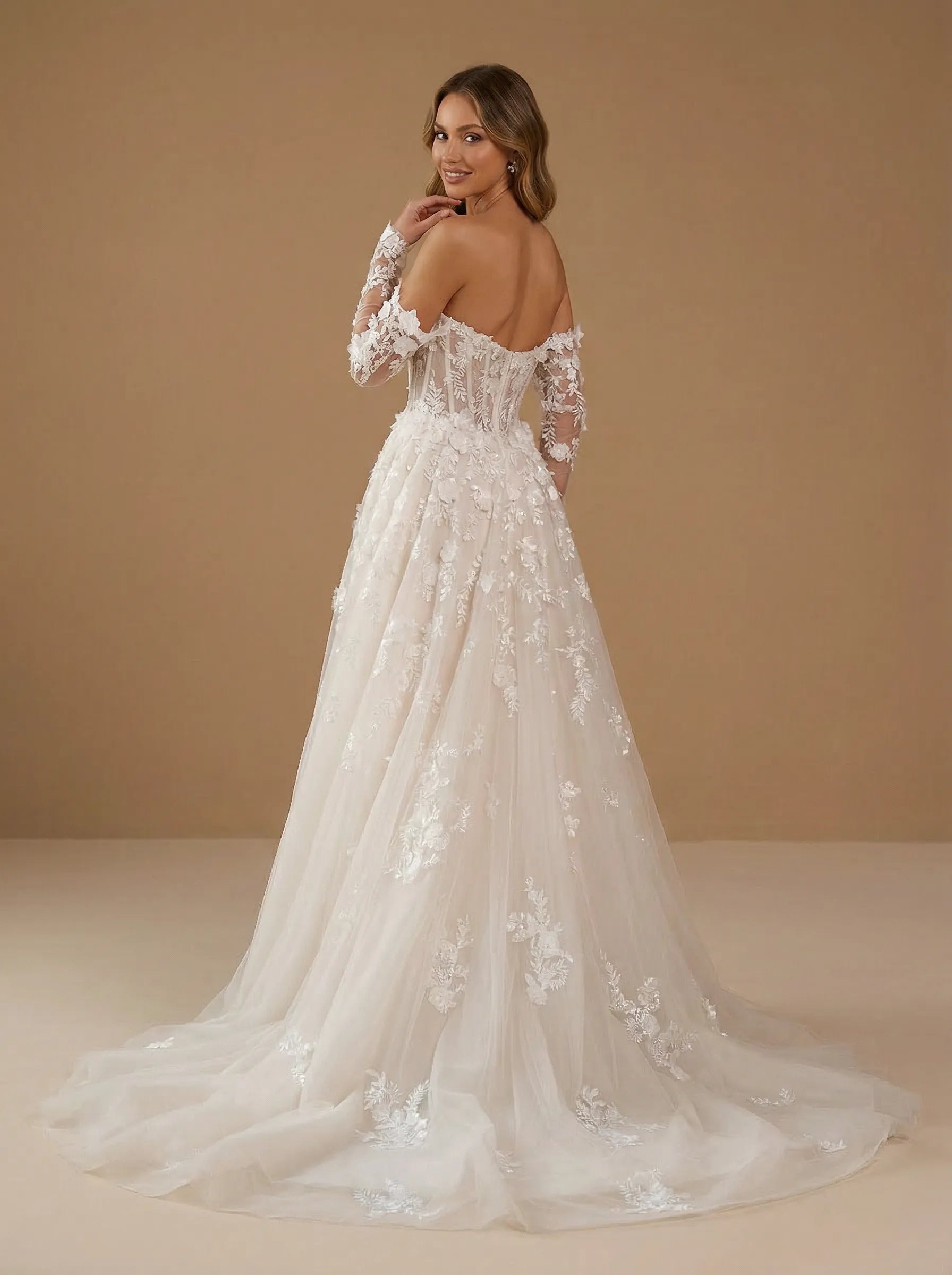 Off the Shoulder Floral Lace Corset Long Sleeves Wedding Dress