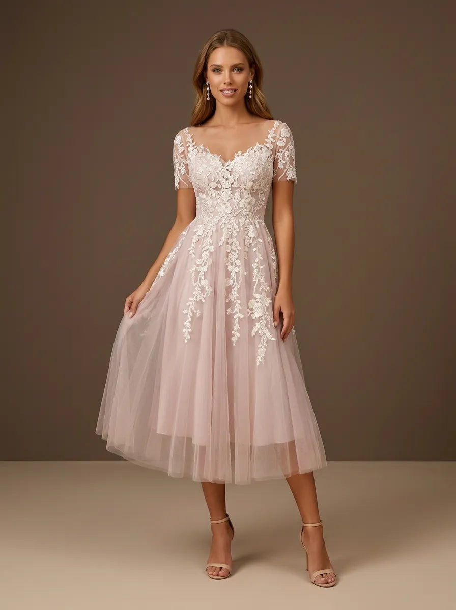 Short Sleeve Floral Lace Tulle Tea-Length Midi Wedding Dress