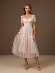 Short Sleeve Floral Lace Tulle Tea-Length Midi Wedding Dress