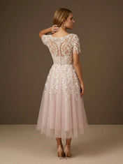 Short Sleeve Floral Lace Tulle Tea-Length Midi Wedding Dress