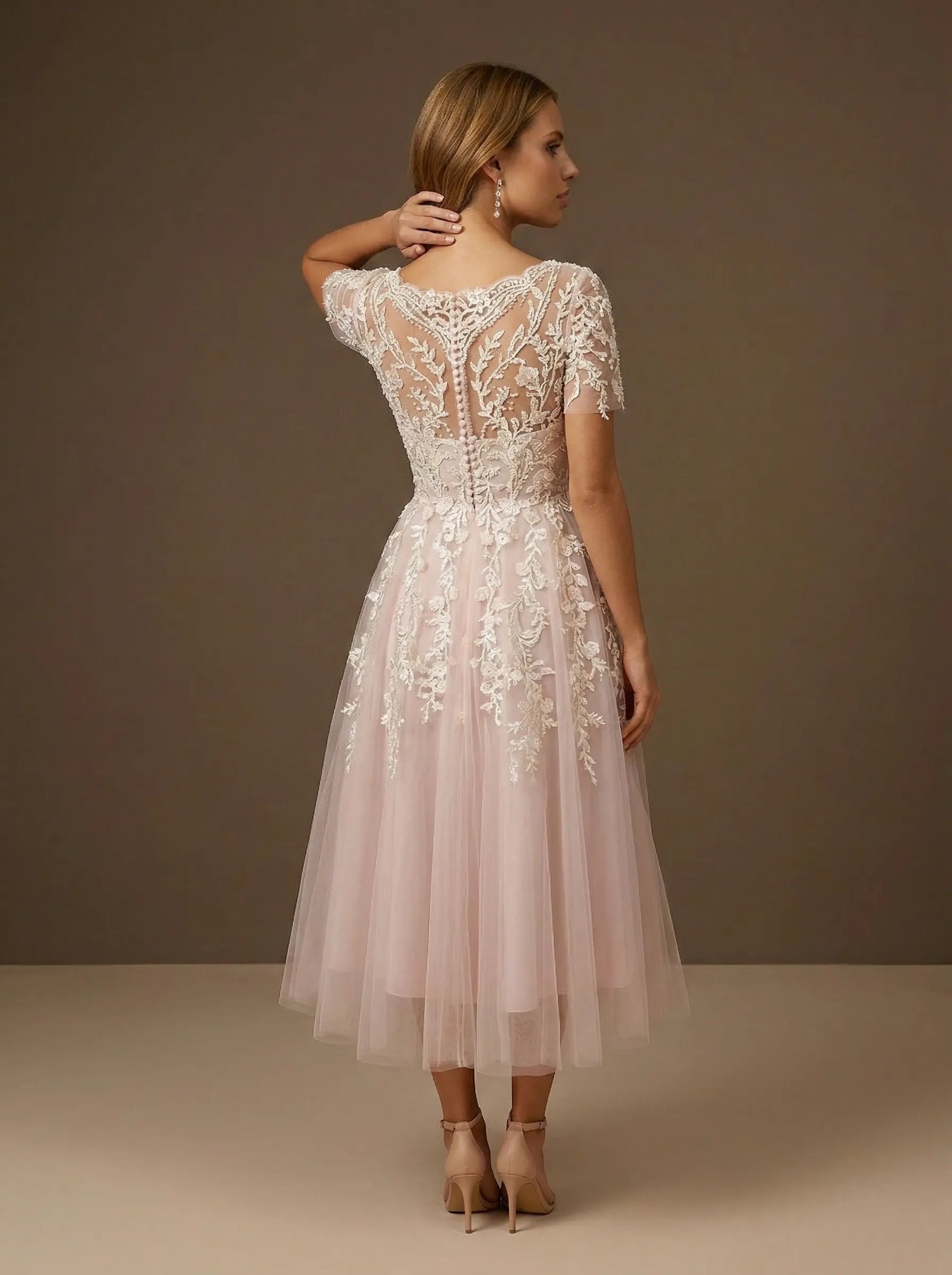 Short Sleeve Floral Lace Tulle Tea-Length Midi Wedding Dress