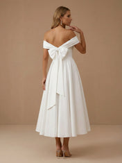 Off the Shoulder Ruched Pleat Satin Midi Wedding Dress with Bow