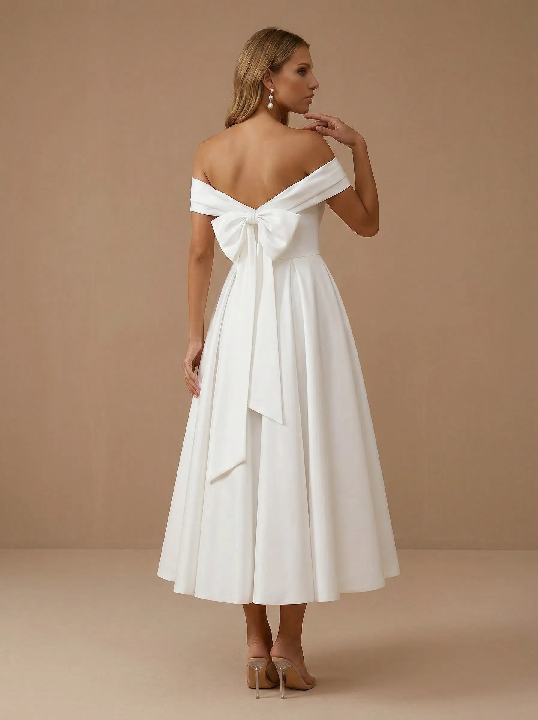 Off the Shoulder Ruched Pleat Satin Midi Wedding Dress with Bow