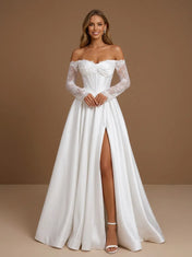Off the Shoulder Lace Long Sleeve Corset Bodice Wedding Gown with Slit