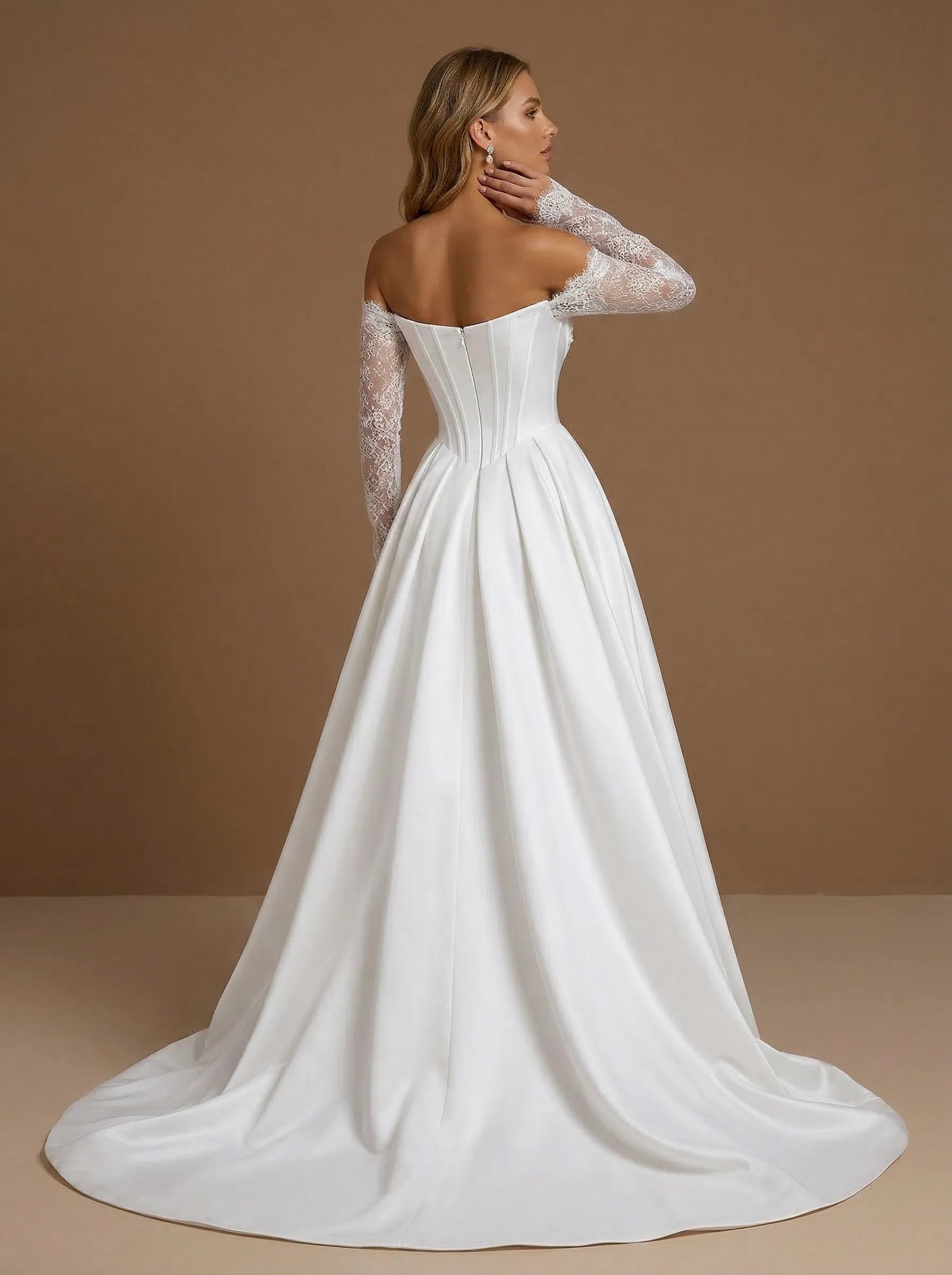 Off the Shoulder Lace Long Sleeve Corset Bodice Wedding Gown with Slit