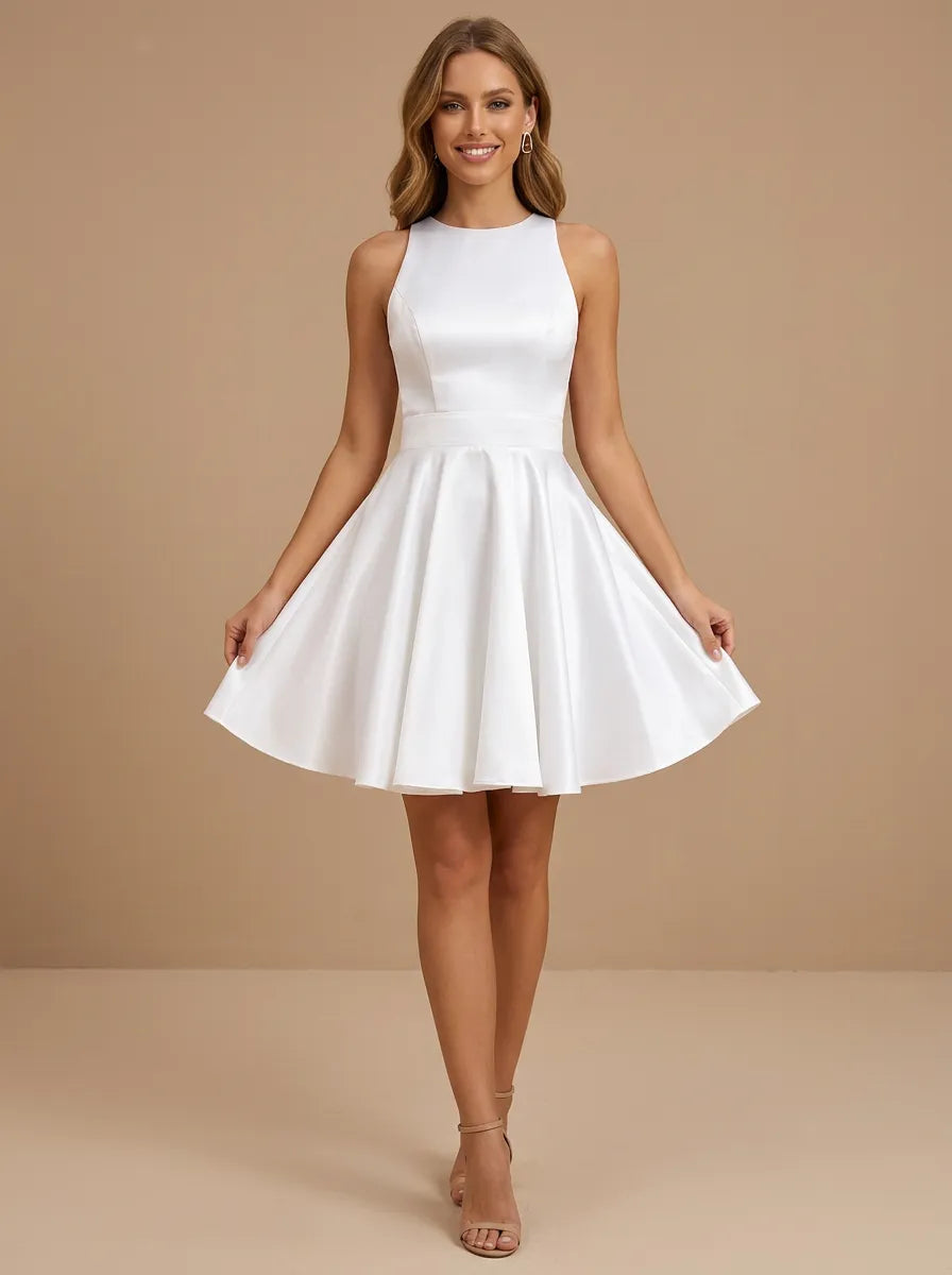 White Scoop Neck Sleeveless Satin Mini Bridal Dress