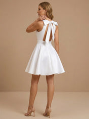 White Scoop Neck Sleeveless Satin Mini Bridal Dress
