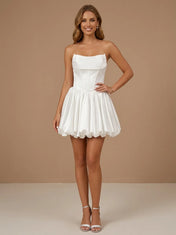 White Strapless Satin Puff A Line Mini Bridal Dress with Corset