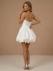 White Strapless Satin Puff A Line Mini Bridal Dress with Corset