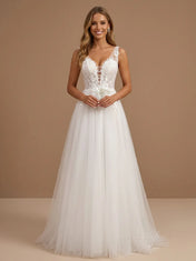 White V-Neck Regular Straps Lace Applique Tulle Bridal Gown
