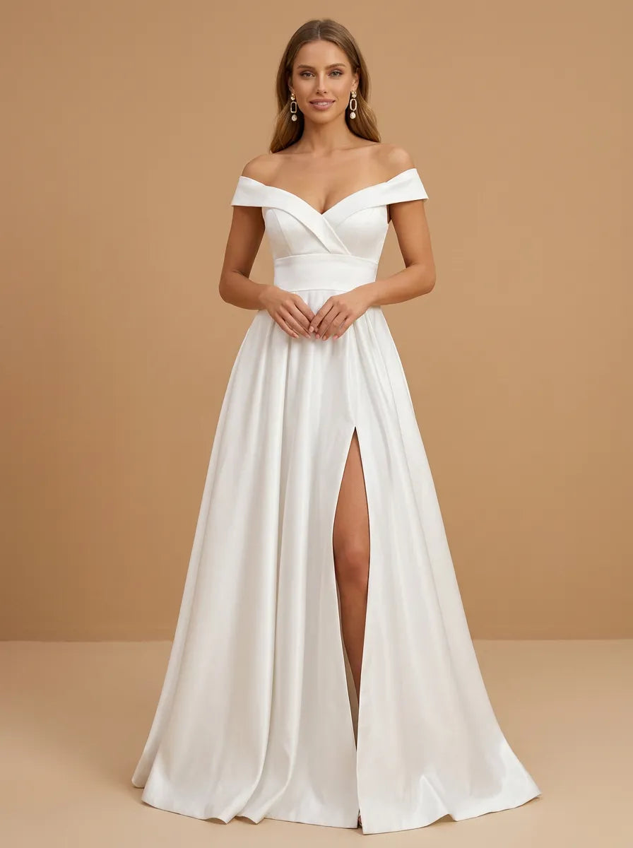 Off the Shoulder Ruched Satin Floor-Length Wedding Gown with Slit