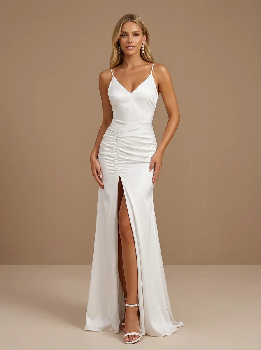 V-Neck Spaghetti Strap Ruched Satin Bridal Gown with High Slit