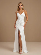 V-Neck Spaghetti Strap Ruched Satin Bridal Gown with High Slit