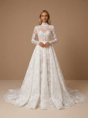 White High Neck A Line Lace Applique Wedding Dress with Train