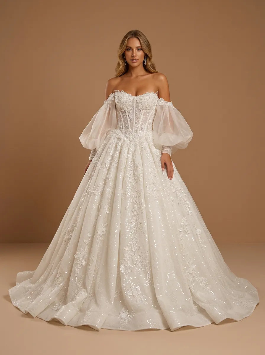 Off the Shoulder Lace Applique Ball Gown with Lantern Sleeves
