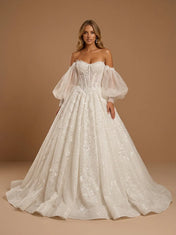 Off the Shoulder Lace Applique Ball Gown with Lantern Sleeves