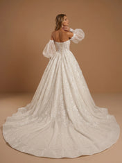 Off the Shoulder Lace Applique Ball Gown with Lantern Sleeves