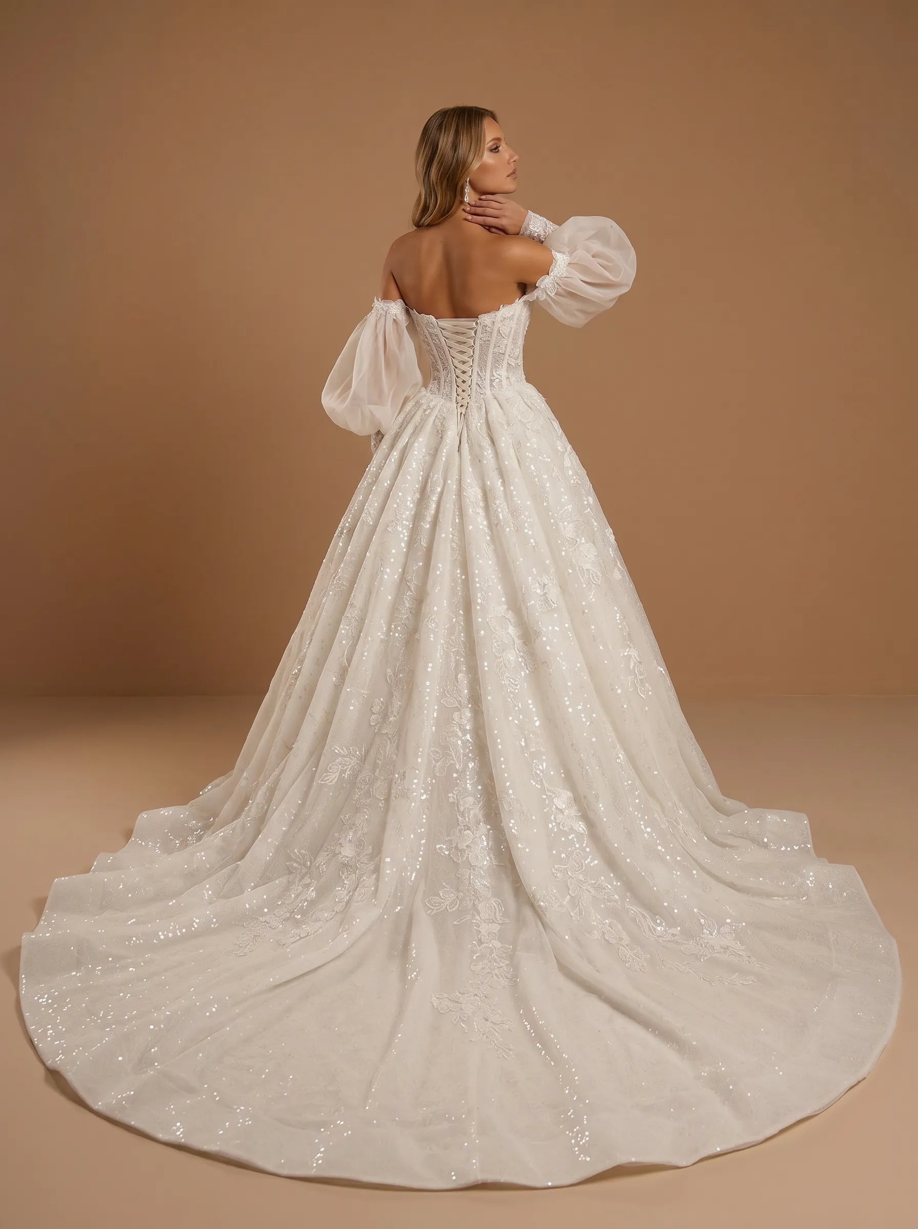 Off the Shoulder Lace Applique Ball Gown with Lantern Sleeves