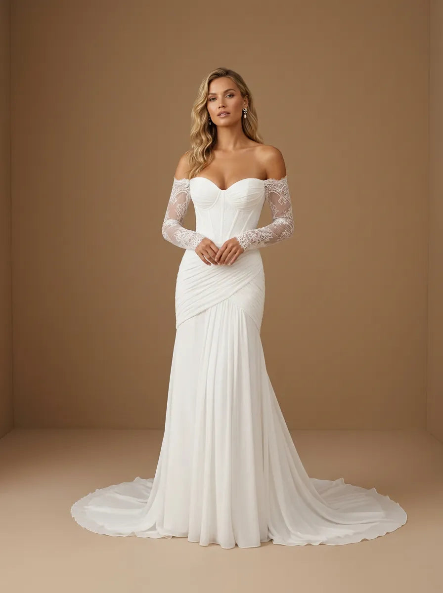 Off the Shoulder Lace Long Sleeve Corset Bridal Gown with Ruched