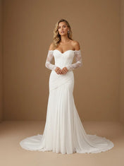 Off the Shoulder Lace Long Sleeve Corset Bridal Gown with Ruched