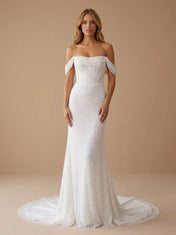 Off the Shoulder Sequins Mermaid Wedding Dress with Sweep Train