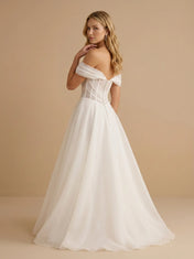 Off the Shoulder Ruched Organza Flowy A-Line Wedding Gown