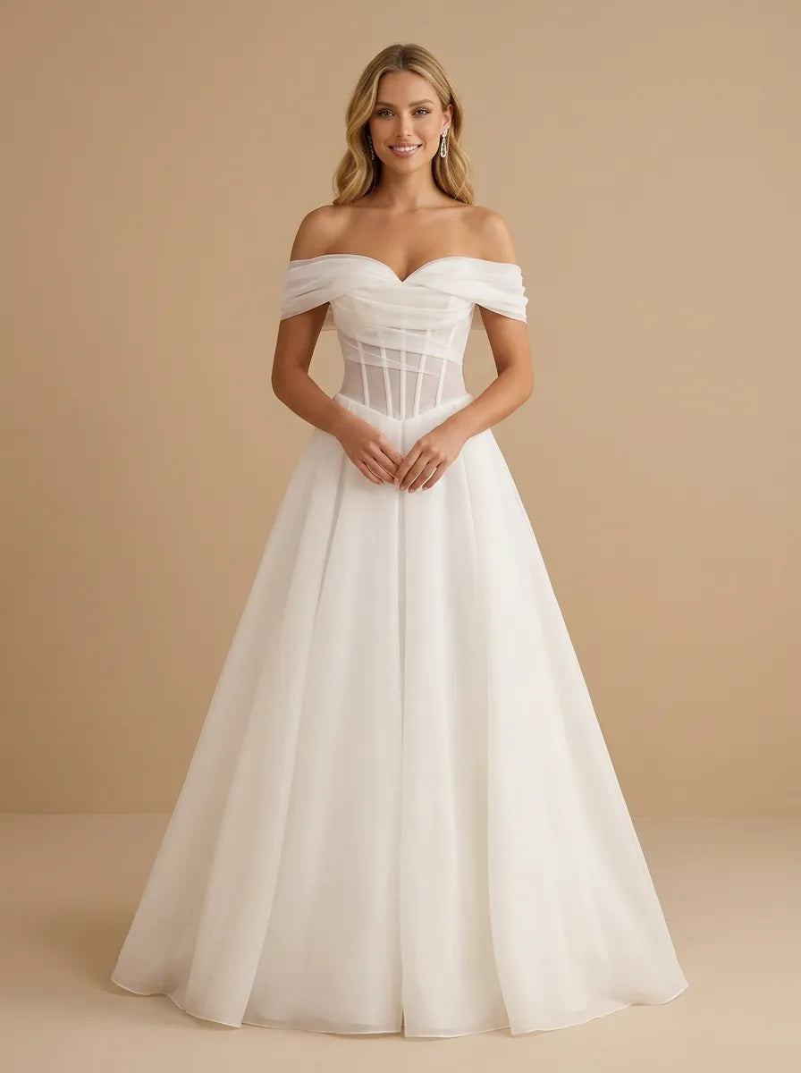 Off the Shoulder Ruched Organza Flowy A-Line Wedding Gown