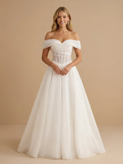Off the Shoulder Ruched Organza Flowy A-Line Wedding Gown