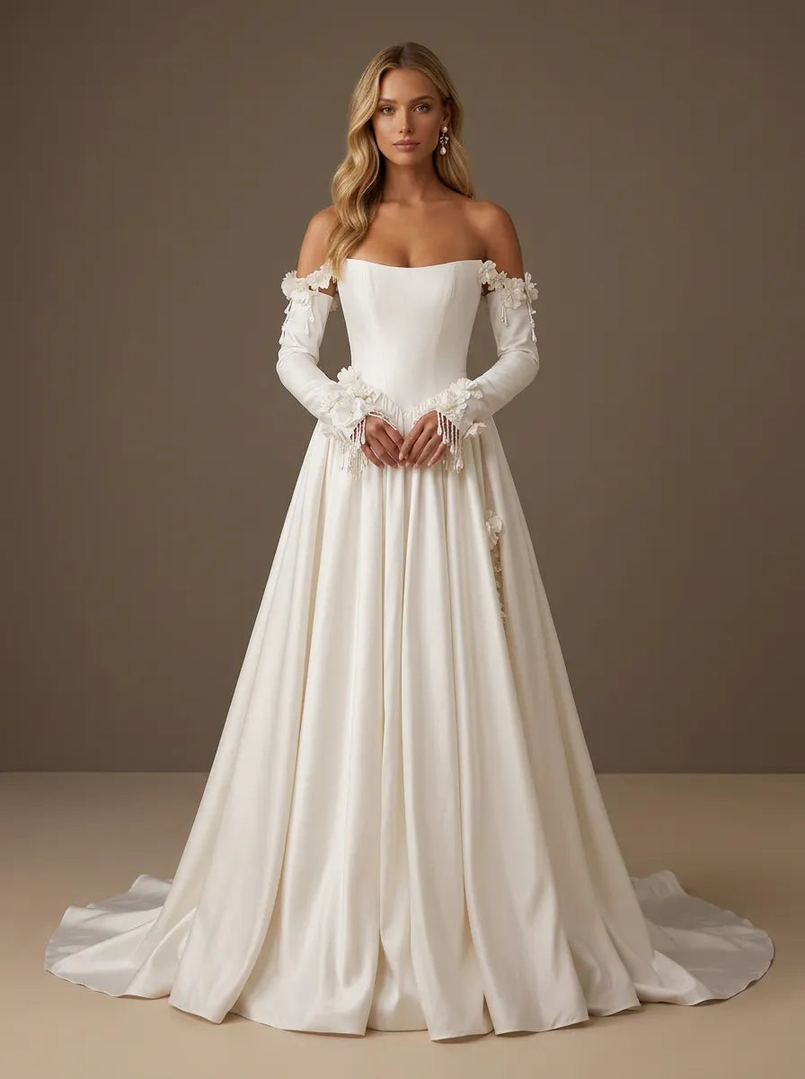 Off the Shoulder Satin Long Sleeves 3D Floral Ball Gown with Corset