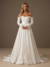 Off the Shoulder Satin Long Sleeves 3D Floral Ball Gown with Corset