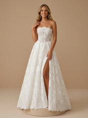 Ivory Strapless Lace Applique Sheer Illusion Bodice Wedding Dress with Slit