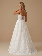 Ivory Strapless Lace Applique Sheer Illusion Bodice Wedding Dress with Slit
