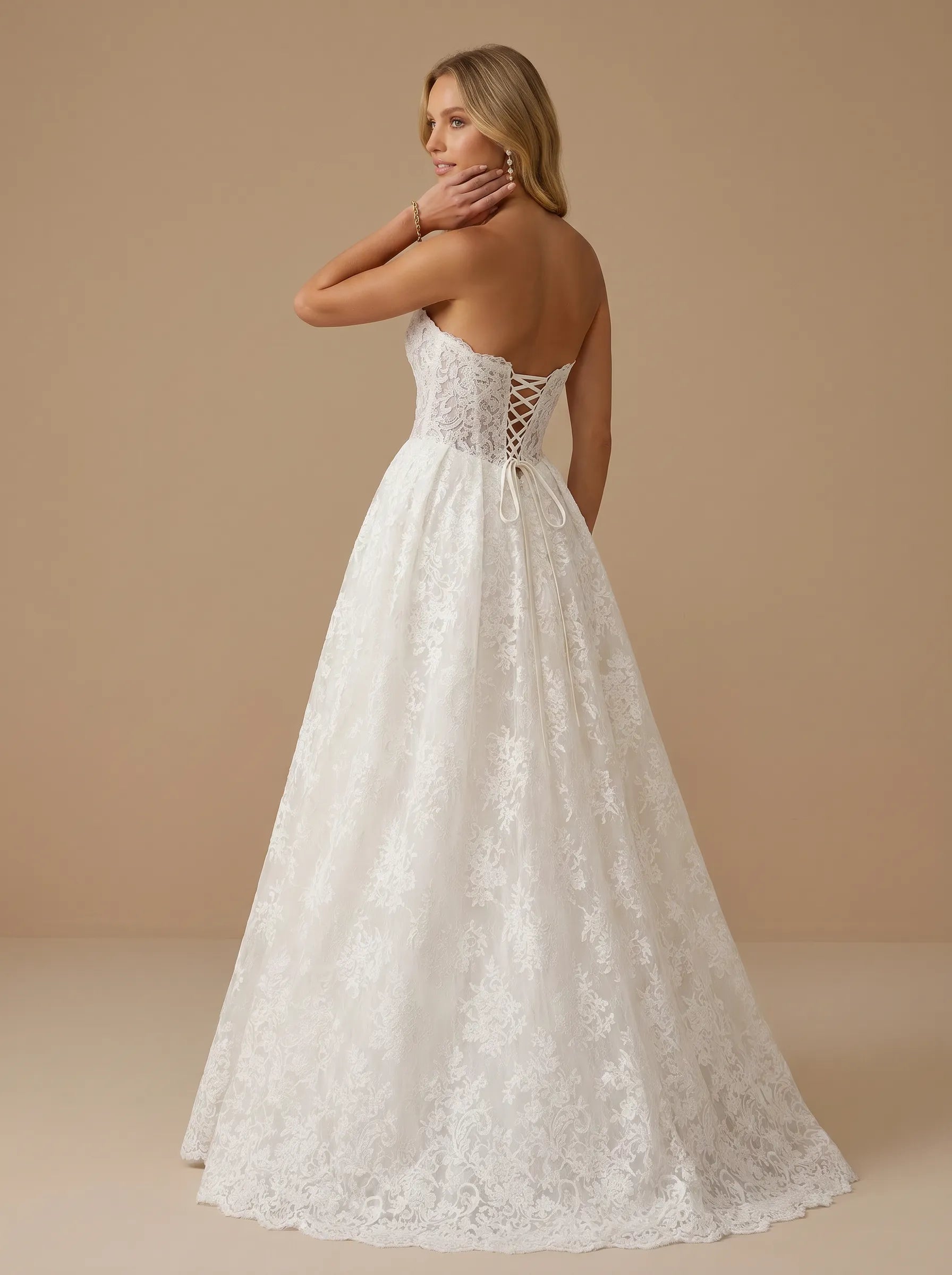 Ivory Strapless Lace Applique Sheer Illusion Bodice Wedding Dress with Slit