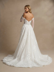 Off the Shoulder Lace Applique A Line Wedding Dress with Long Sleeves