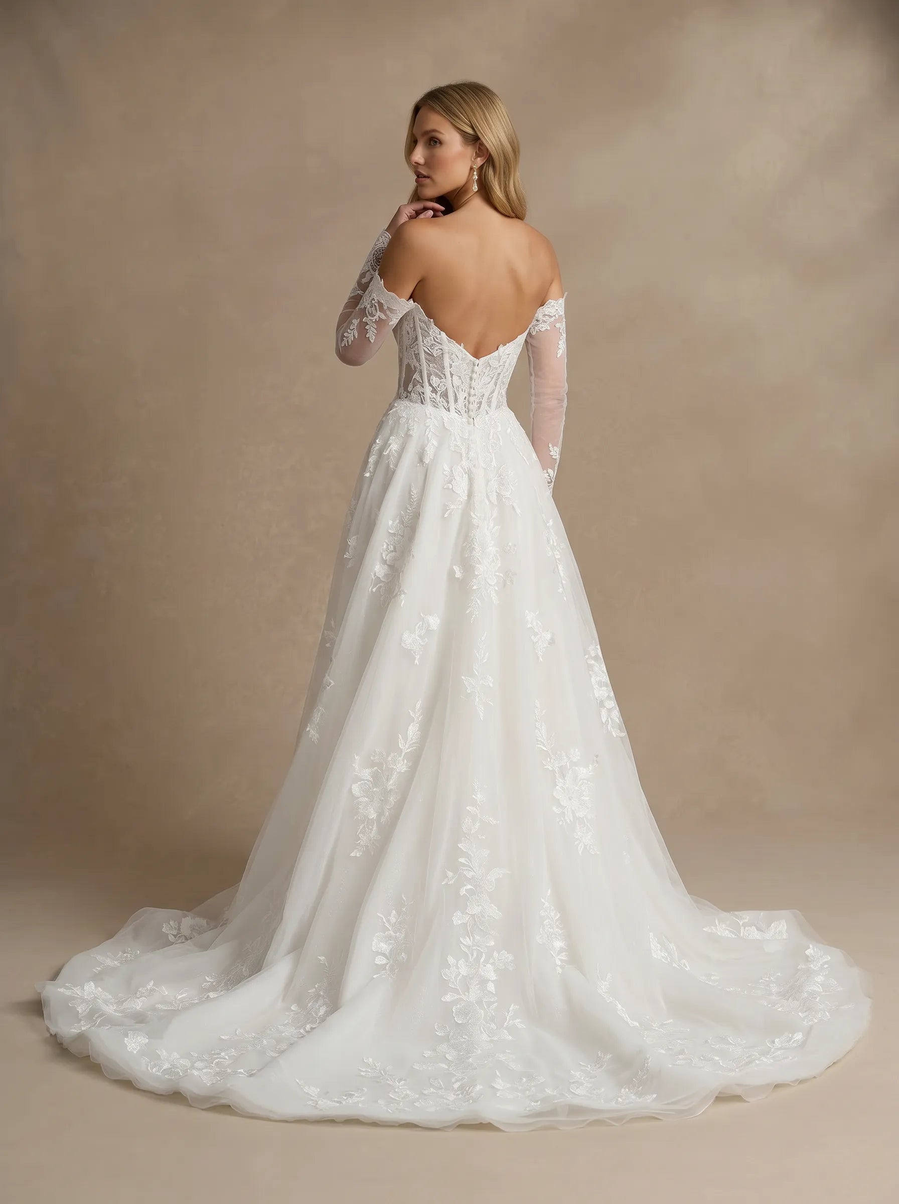Off the Shoulder Lace Applique A Line Wedding Dress with Long Sleeves