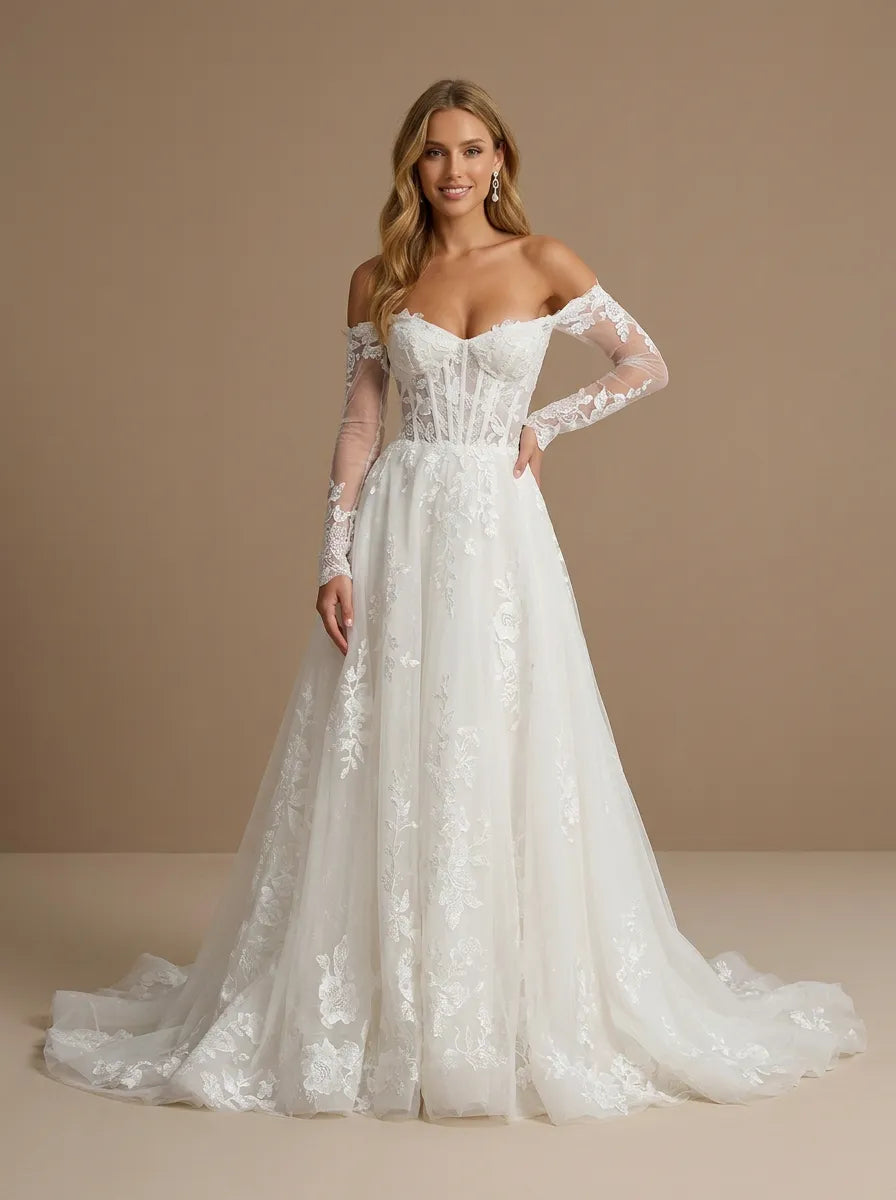 Off the Shoulder Lace Applique A Line Wedding Dress with Long Sleeves