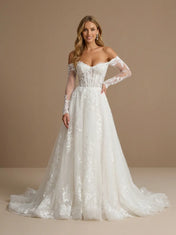 Off the Shoulder Lace Applique A Line Wedding Dress with Long Sleeves