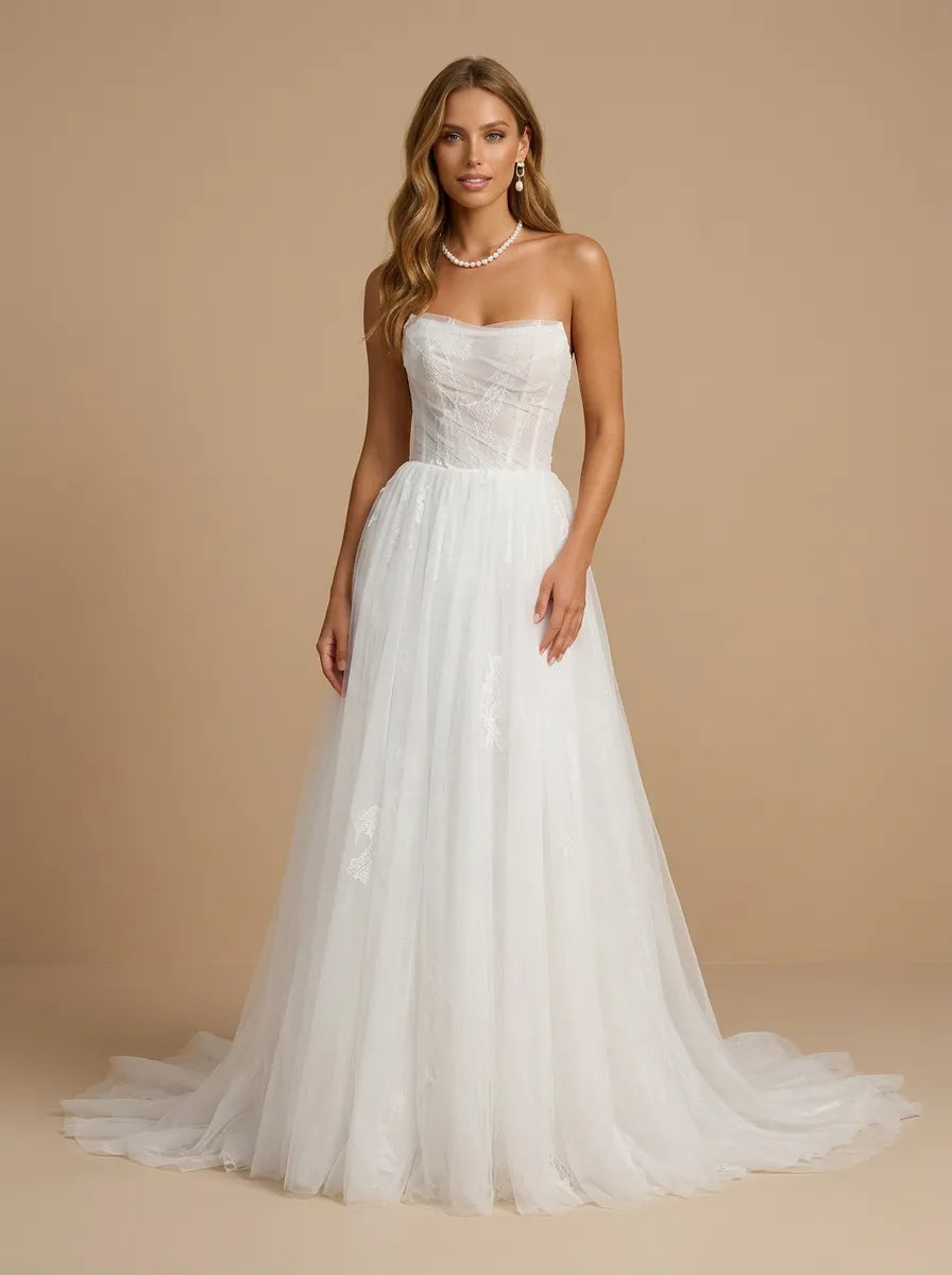 White Strapless Floral Lace Ruched Tulle Wedding Gown